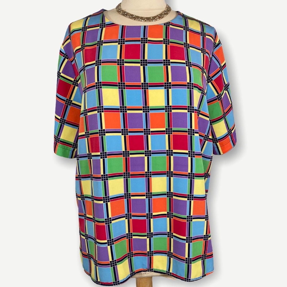 Vintage Multicolored Checkered Print Blouse
